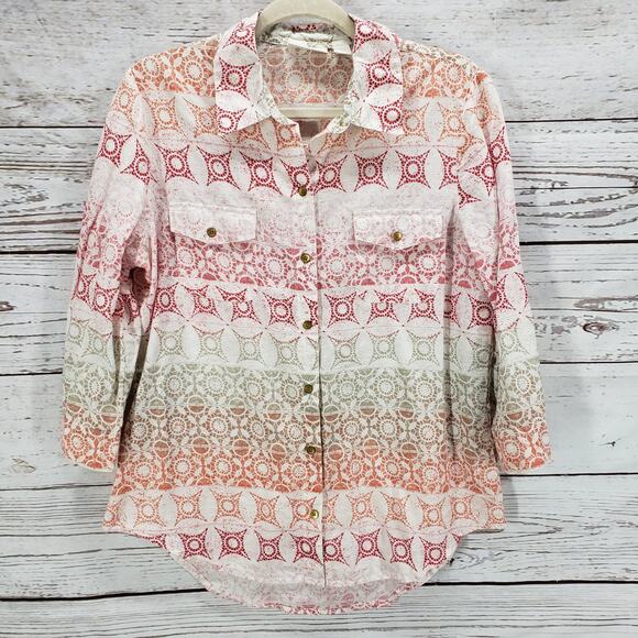 Chico's Women's Red Orange Print Button Front Lightweight Top Size 1 - Picture 1 of 15